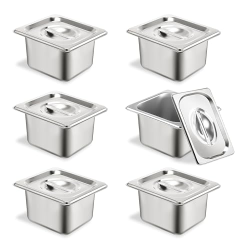 TSUBOR 6 Set Stainless Steel Hotel Pans 1/6 Size 4 Inch Deep With Lids, Anti-Jam Chafing Steam Table Pans, Catering Food Storage Metal Pan - Image 1