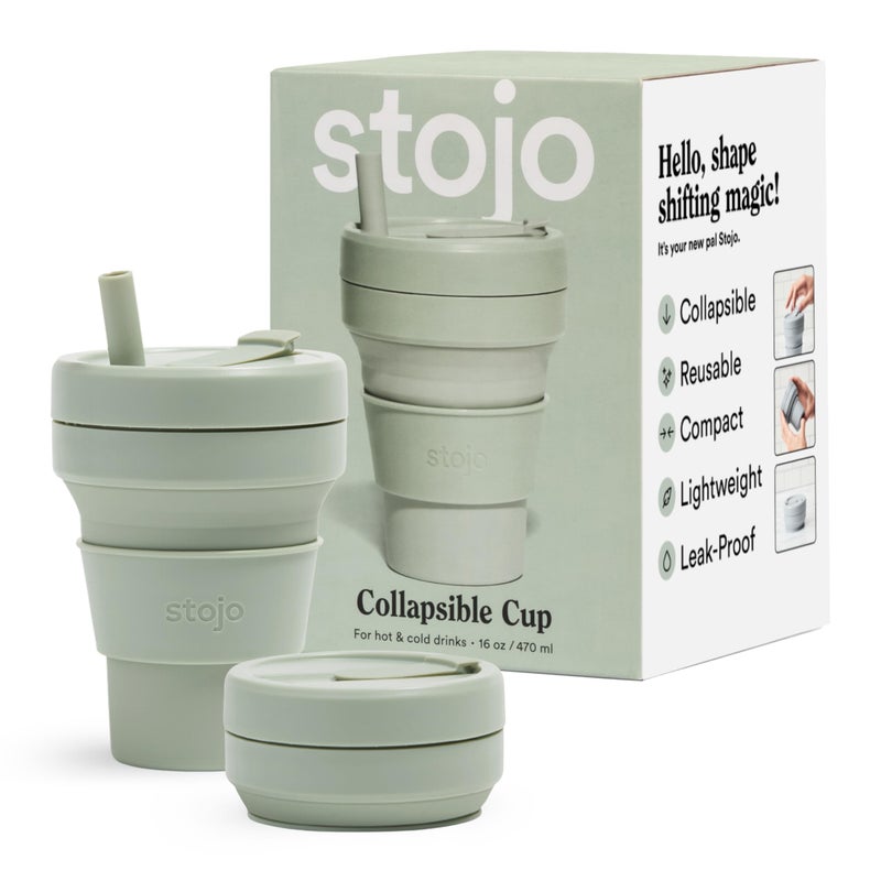Stojo STOJO Collapsible Travel Cup With Straw  Sage Green 16oz  470ml  Reusable ToGo Pocket Size Silicone Bottle for Hot and Cold Drinks  Perfect for Camping and Hiking  Microwave  Dishwasher Safe 