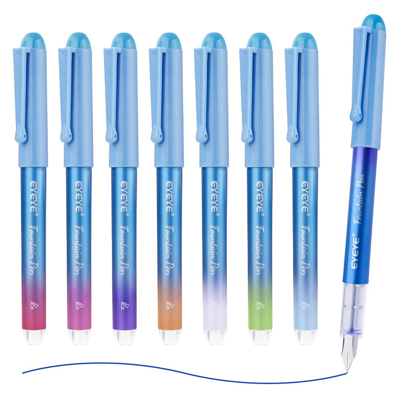 EYEYE Disposable Fountain Pens for Writing, Medium Point Stainless Steel Nib, Pack of 8 Assorted Colors - Image 1
