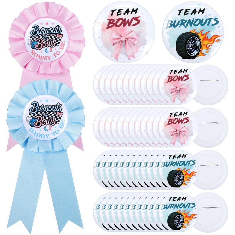 Ohmique Burnouts or Bows Gender Reveal Decorations - 50 Pcs Burnouts Bows Gender Reveal Button Pins with 2 Pcs Daddy to be & Mommy to be Tinplate Badge Pin, Team Boy or Team Girl Party Favors for Baby Shower - Image 1