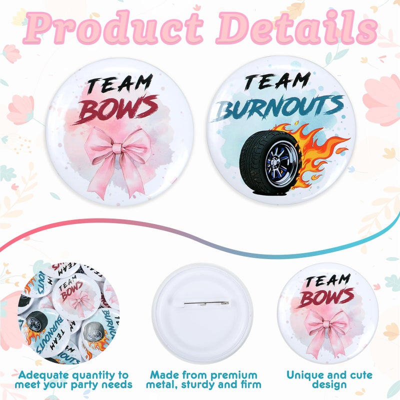 Ohmique Burnouts or Bows Gender Reveal Decorations - 50 Pcs Burnouts Bows Gender Reveal Button Pins with 2 Pcs Daddy to be & Mommy to be Tinplate Badge Pin, Team Boy or Team Girl Party Favors for Baby Shower - Image 3
