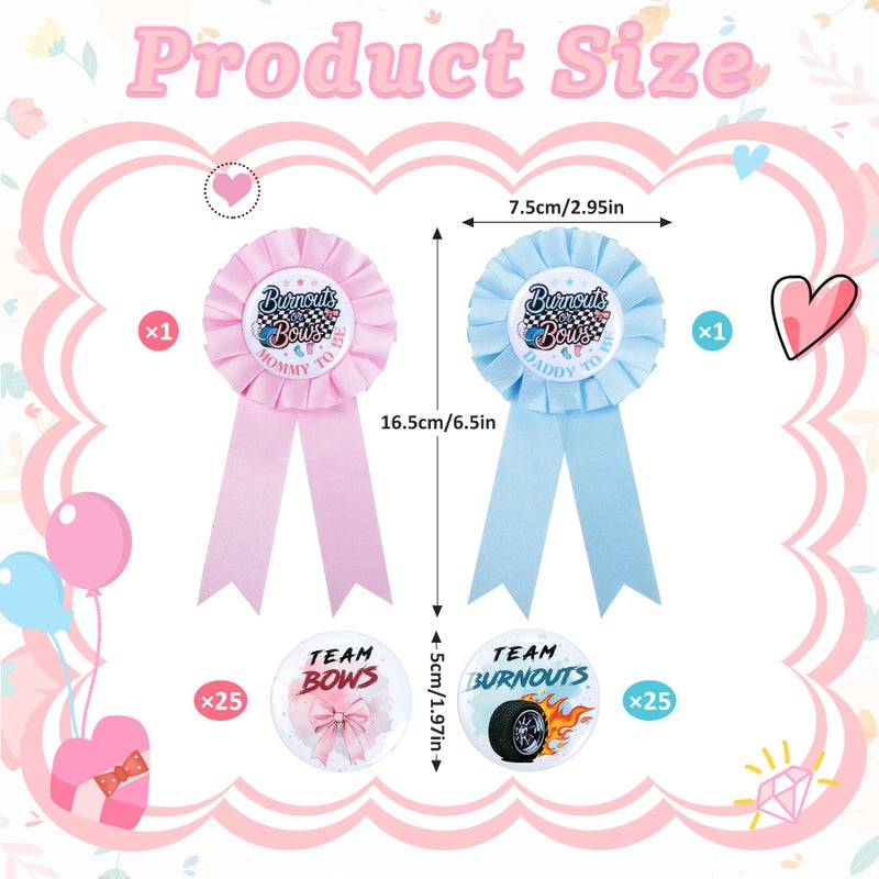 Ohmique Burnouts or Bows Gender Reveal Decorations - 50 Pcs Burnouts Bows Gender Reveal Button Pins with 2 Pcs Daddy to be & Mommy to be Tinplate Badge Pin, Team Boy or Team Girl Party Favors for Baby Shower - Image 2
