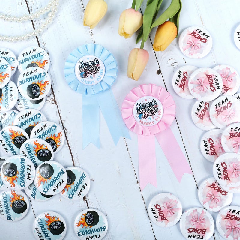 Ohmique Burnouts or Bows Gender Reveal Decorations - 50 Pcs Burnouts Bows Gender Reveal Button Pins with 2 Pcs Daddy to be & Mommy to be Tinplate Badge Pin, Team Boy or Team Girl Party Favors for Baby Shower - Image 5