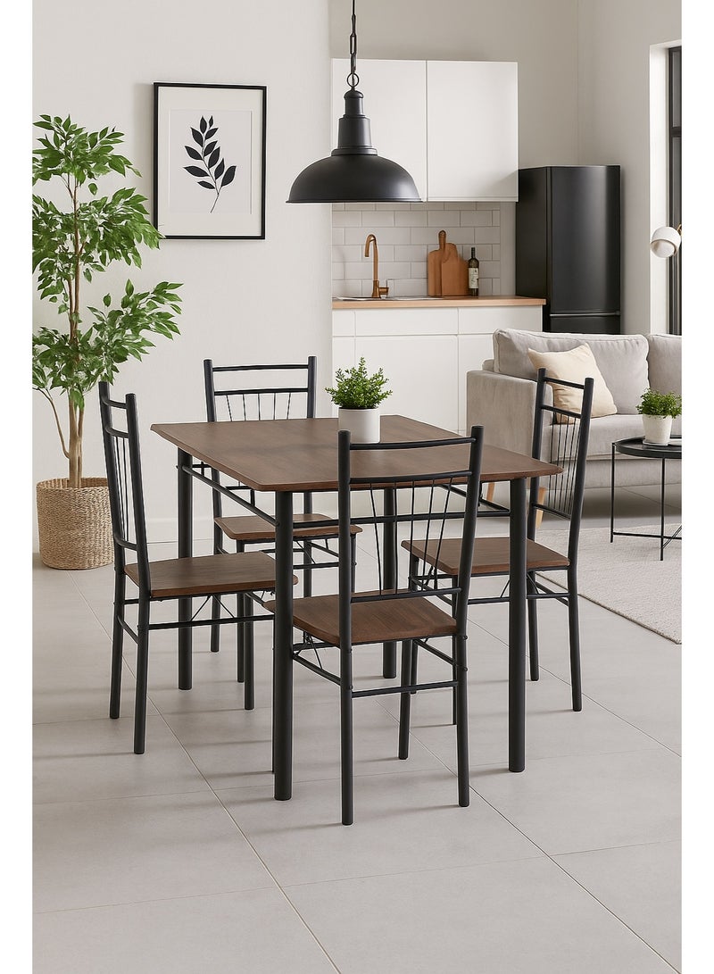 اي اف تي طقم طاولة طعام بأربعة مقاعد مع أربعة كراسي - سطح من خشب الجوز الأسود وإطار معدني أسود، أثاث غرفة طعام عصري، مقاس الطاولة 120×68×75 سم، مقاس الكرسي 38×37×90 سم - Image 1