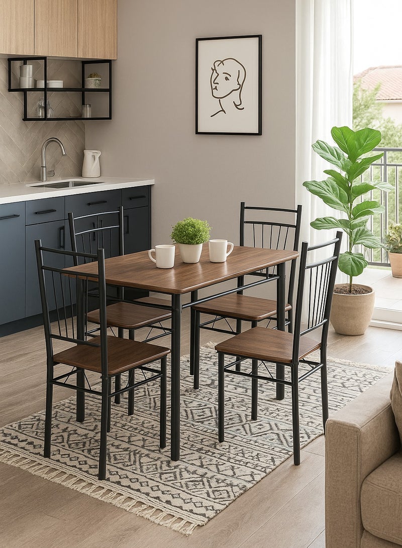 اي اف تي طقم طاولة طعام بأربعة مقاعد مع أربعة كراسي - سطح من خشب الجوز الأسود وإطار معدني أسود، أثاث غرفة طعام عصري، مقاس الطاولة 120×68×75 سم، مقاس الكرسي 38×37×90 سم - Image 2