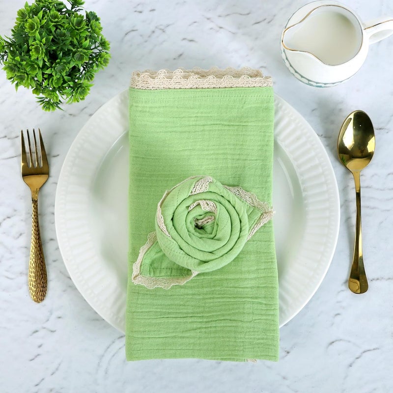 Fingercraft Dinner Cloth Napkin Cotton Muslin Double Gauze 8 Pack with Classic Lace for Everyday Use Wedding Party Christmas Easter Napkins Cloth are Pre Shrunk and Good Absorbency Lettuce Green - Image 4