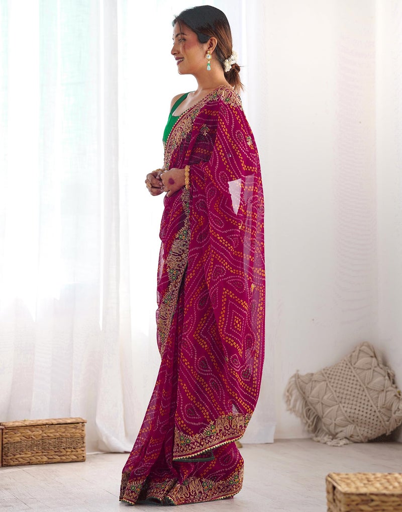 Satrani Women's Georgette Bandhani Printed Embroidery Gota Lace Saree with Unstitched Blouse Piece (4132S135NB_Rani Pink1) - Image 2