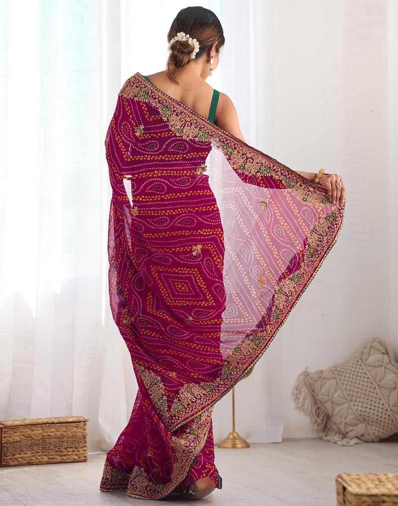 Satrani Women's Georgette Bandhani Printed Embroidery Gota Lace Saree with Unstitched Blouse Piece (4132S135NB_Rani Pink1) - Image 4