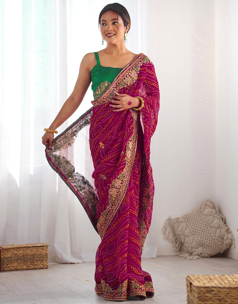 Satrani Women's Georgette Bandhani Printed Embroidery Gota Lace Saree with Unstitched Blouse Piece (4132S135NB_Rani Pink1) - Image 3