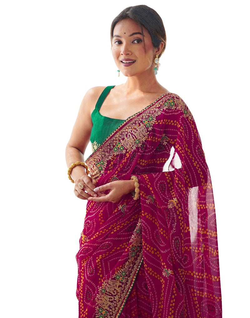 Satrani Women's Georgette Bandhani Printed Embroidery Gota Lace Saree with Unstitched Blouse Piece (4132S135NB_Rani Pink1) - Image 1
