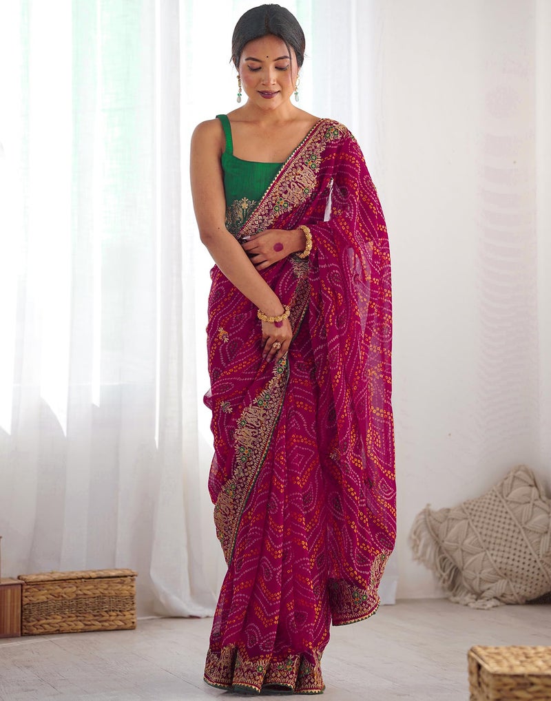 Satrani Women's Georgette Bandhani Printed Embroidery Gota Lace Saree with Unstitched Blouse Piece (4132S135NB_Rani Pink1) - Image 5