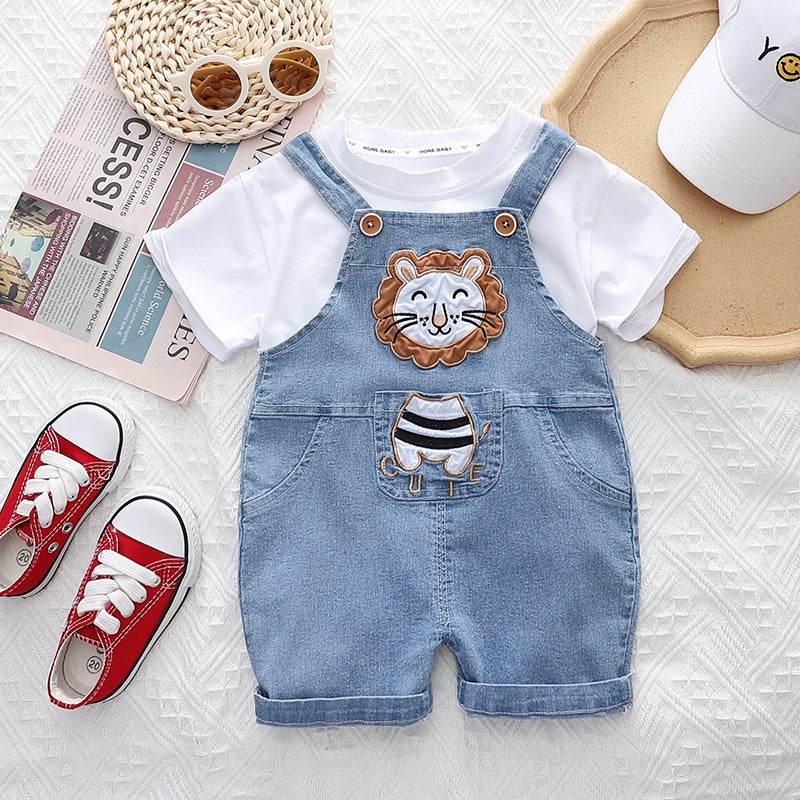 2023 Summer new children's cartoon lion thin denim suspenders two-piece set 1 Generation 1 year old children's clothing - Image 5