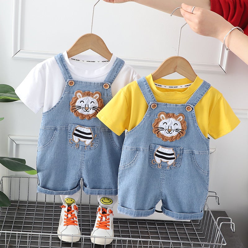 2023 Summer new children's cartoon lion thin denim suspenders two-piece set 1 Generation 1 year old children's clothing - Image 2