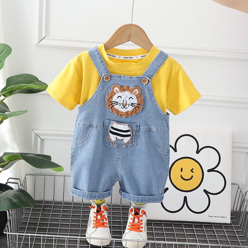2023 Summer new children's cartoon lion thin denim suspenders two-piece set 1 Generation 1 year old children's clothing - Image 1