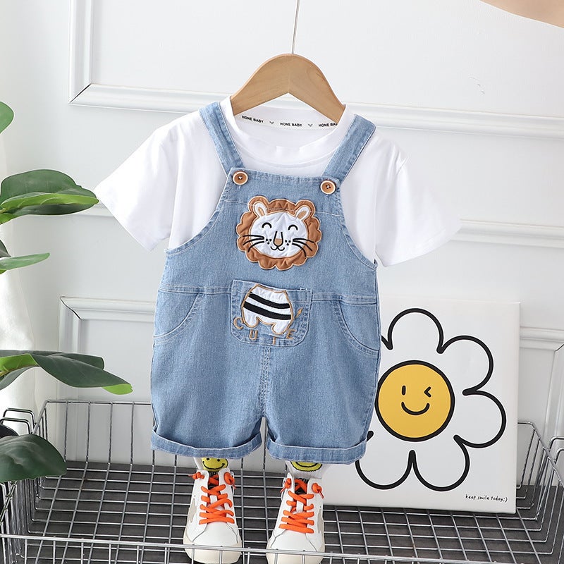 2023 Summer new children's cartoon lion thin denim suspenders two-piece set 1 Generation 1 year old children's clothing - Image 3