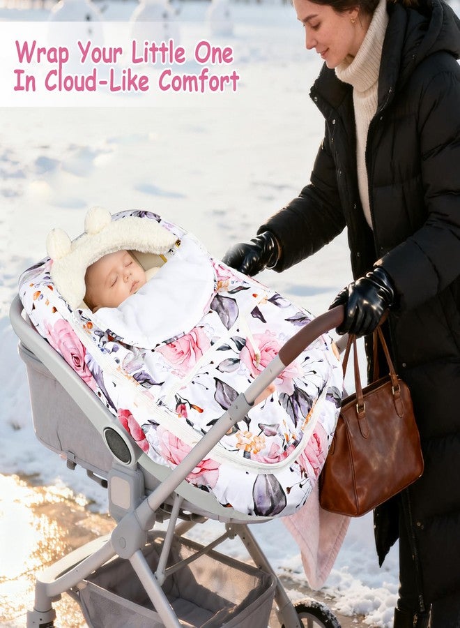 Pea Pod Winter Car Seat Cover for Baby, Infant Car Seat Canopies Cover for Newborn, Warm Plush Fleece Inner Protect Baby from Cold Wind, Stylish Floral - Image 4