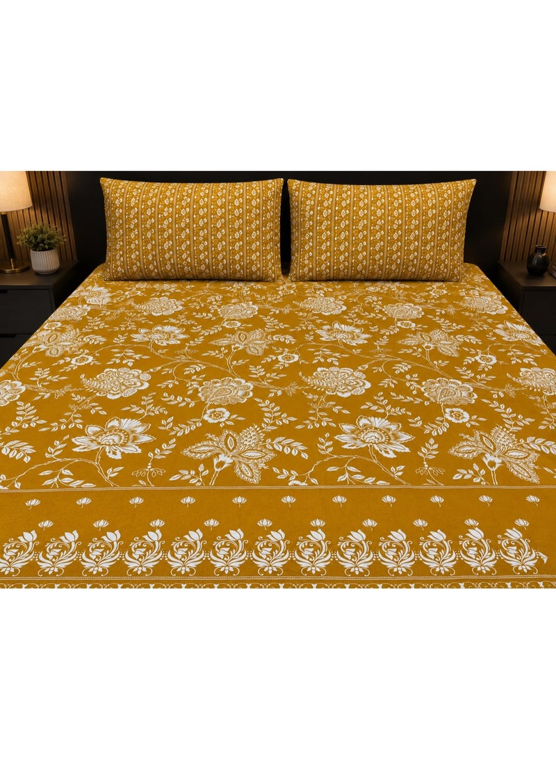 Double Bed Sheet, Polyester Cotton Bed Sheet With Pillow Covers Floral Printed Bedding Set | Mustard Yellow