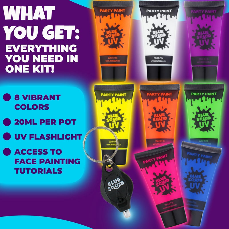 Blue Squid UV Body Paint, Blacklight Glow Makeup Kit, Fluorescent Face Paints, 8 Neon Body Paint Colors, Mini UV light, Neon Body Paints Adults & Kids - Image 3