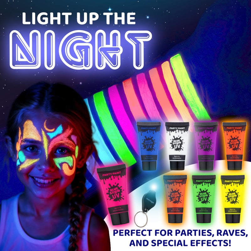 Blue Squid UV Body Paint, Blacklight Glow Makeup Kit, Fluorescent Face Paints, 8 Neon Body Paint Colors, Mini UV light, Neon Body Paints Adults & Kids - Image 4