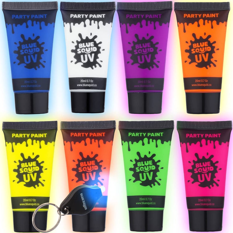 Blue Squid UV Body Paint, Blacklight Glow Makeup Kit, Fluorescent Face Paints, 8 Neon Body Paint Colors, Mini UV light, Neon Body Paints Adults & Kids - Image 1