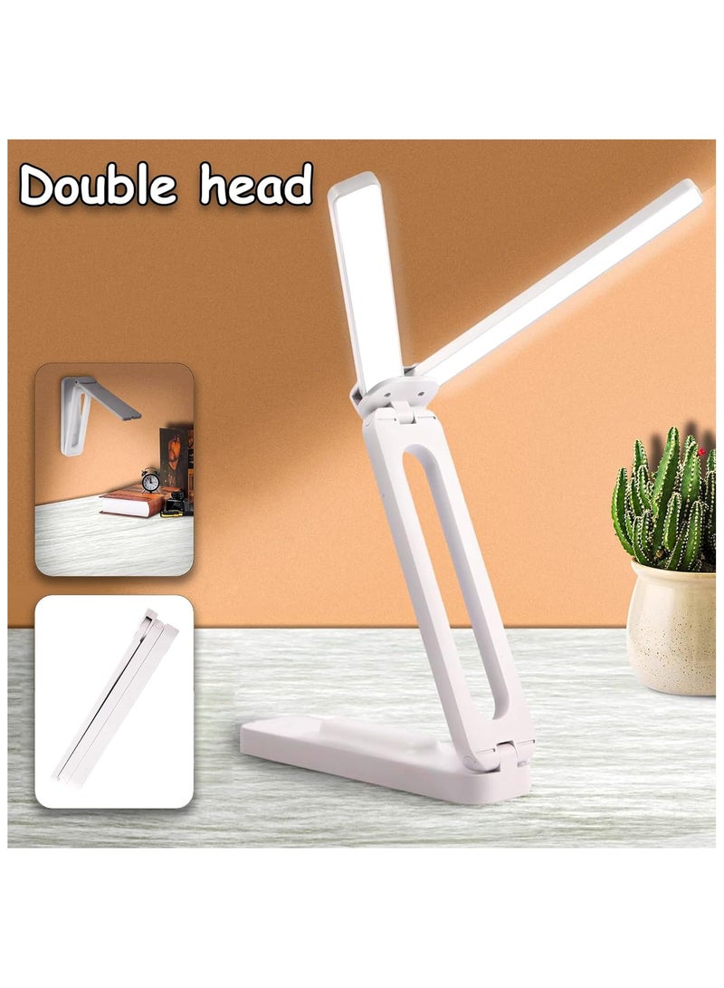 Double Head LED Desk Lamp USB Rechargeable Study Lamp with Built-in Battery Wall Mounted Foldable Portable for Kids and Adults White - Image 1