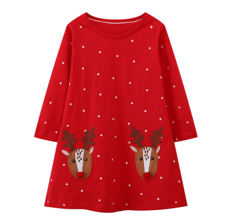 HILEELANG Toddler Girl Christmas Dress Red Dot Deer Elk Santa Applique Long Sleeve Cotton Casual Tunic Shirt Outfits Dresses 4T - Image 1
