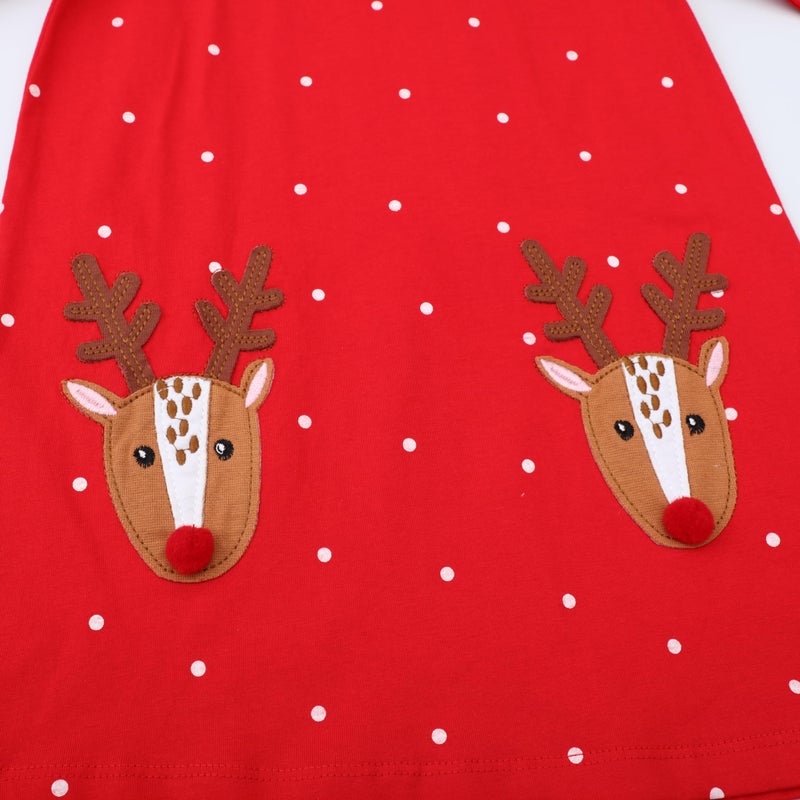 HILEELANG Toddler Girl Christmas Dress Red Dot Deer Elk Santa Applique Long Sleeve Cotton Casual Tunic Shirt Outfits Dresses 4T - Image 3