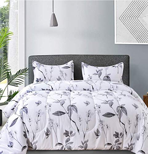 Nanko King Comforter Set 3pcWhite and GrayGrey Floral Reversible Down Alternative Microfiber Bedding All Season Comforter and 2 Pillowshams Bed Sets for Women 104 x 90 Size Flower