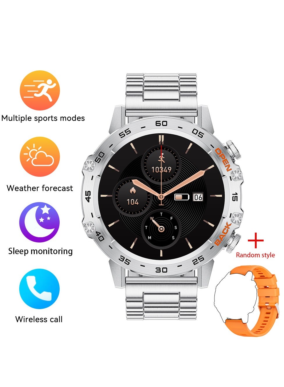 Smart Watch for Men Waterproof AMOLED Screen Bluetooth Call Fitness Sports Smartwatch Health Monitoring Stainless Steel Silver & Extra Silicone Orange Strap