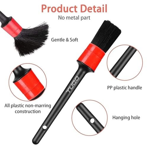 Tuqo Car Detailing Brush Set | Soft Nylon Bristles for Interior, Leather, Air Vents & Wheels | Multipurpose Cleaning | Automotive Cleaning Tool | Pack of 5 Assorted Brushes – Black | TQ490 - Image 3