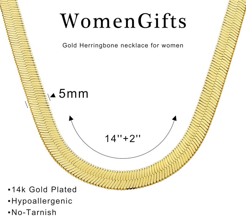 WomenGifts Chunky Gold Herringbone Choker Necklace for Women â€“ 14K Gold Plated Dainty Snake Chain Choker Collar, Trendy Simple Long Layered Waterproof Jewelry Non Tarnish, 5MM Width 14 Inch Long - Image 4