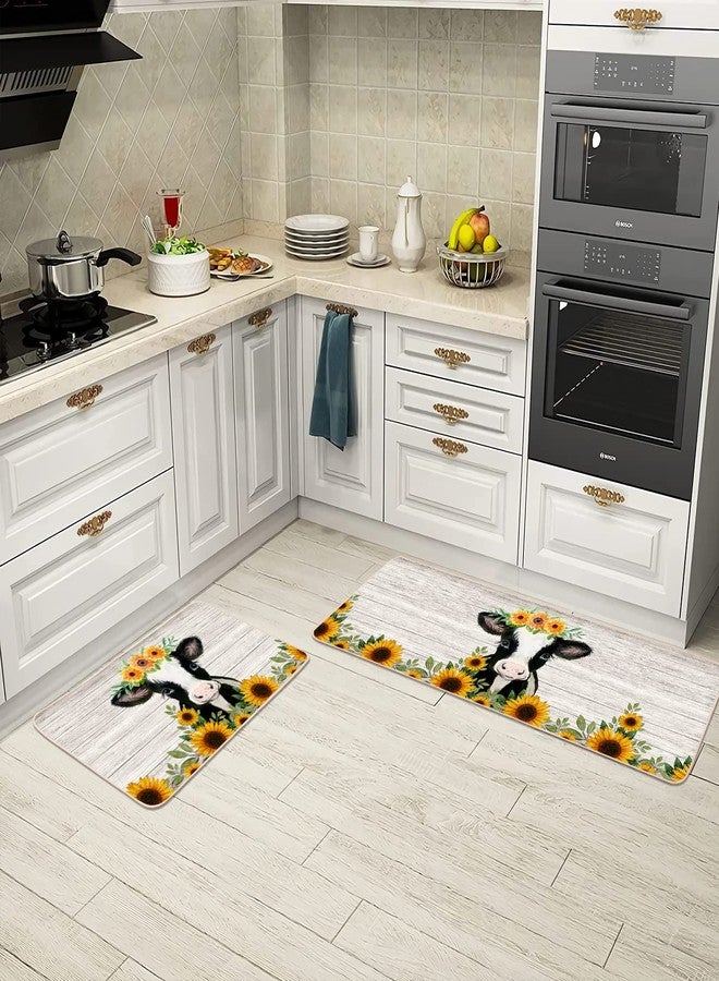 YOUWOUS مجموعة سجاد مطبخ YOUWOUS بتصميم زهرة عباد الشمس والبقرة، قطعتان - مقاس 17×29 و17×47 بوصة، سجاد أرضي مزخرف بظهر مانع للانزلاق للمطبخ المنزلي - Image 5