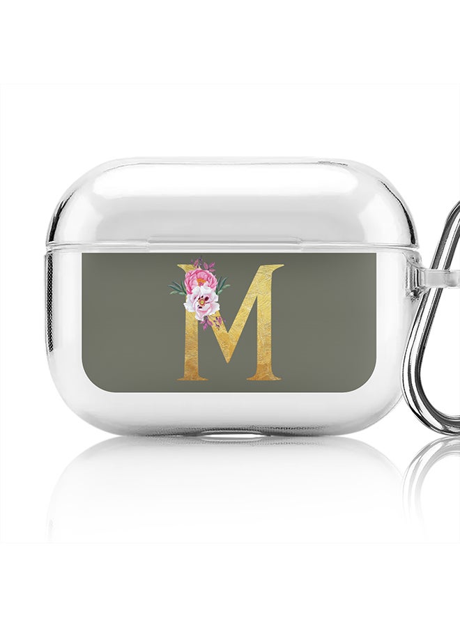 Stylizedd Classic Clear printed Case for Apple AirPods Pro 2nd Generation Thin Transparent Cover - Custom Monogram Initial Letter Floral Pattern Alphabet - M (Olive Green ) - Image 1