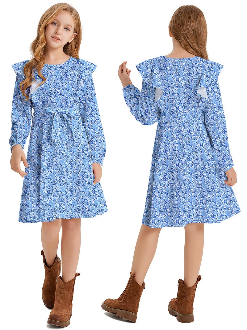 Quedoris Girls Ruffle Trim Long Sleeve Belted Dress with Zipper Porcelain Floral Fall 150Y - Image 4