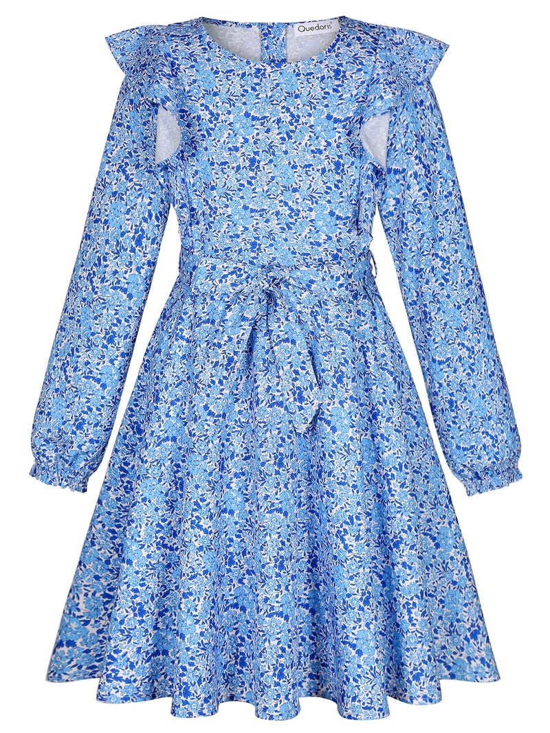 Quedoris Girls Ruffle Trim Long Sleeve Belted Dress with Zipper Porcelain Floral Fall 150Y - Image 3