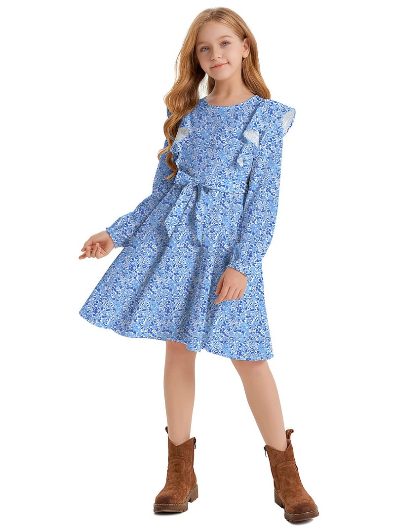 Quedoris Girls Ruffle Trim Long Sleeve Belted Dress with Zipper Porcelain Floral Fall 150Y - Image 2