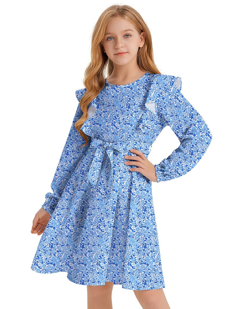 Quedoris Girls Ruffle Trim Long Sleeve Belted Dress with Zipper Porcelain Floral Fall 150Y - Image 1