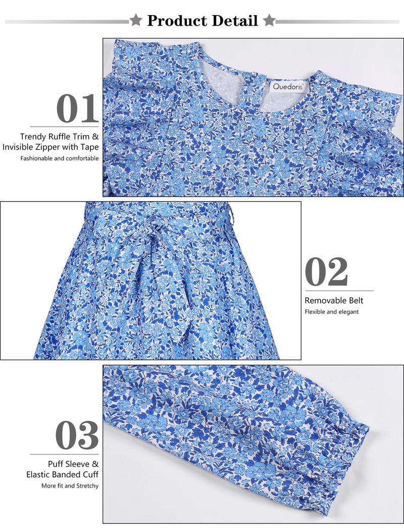 Quedoris Girls Ruffle Trim Long Sleeve Belted Dress with Zipper Porcelain Floral Fall 150Y - Image 5