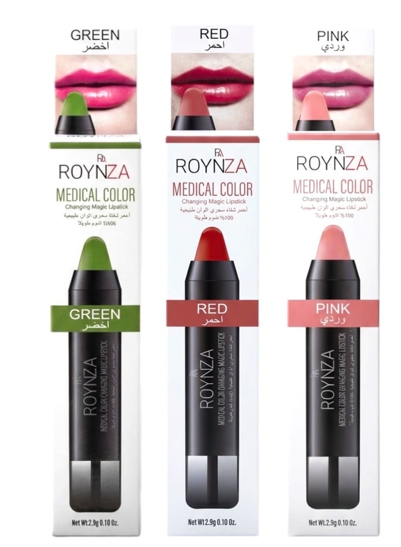 MEDICAL COLOR CHANGING MAGIC LIPSTICK PINK -RED - GREEN 3PCS