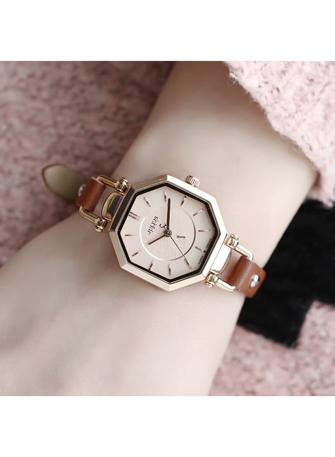 Julius Women's Watch, Classic Korean Style, Retro Fashion, Trendy Student Leather Strap, Quartz Ladies Watch, Brown, Ja-750c - Image 1