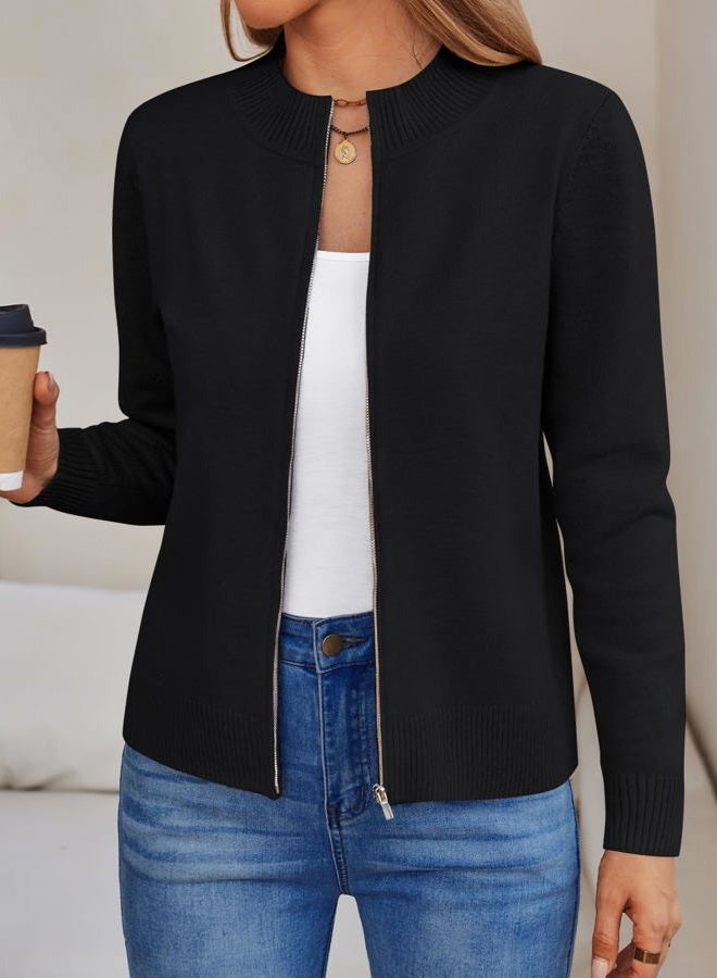 LILLUSORY Womens Zip Up Cardigan Sweaters Lightweight Crew Neck Trendy Jackets Long Sleeve Outfits Fall Fashion 2025 Clothing, Black, XL - Image 2