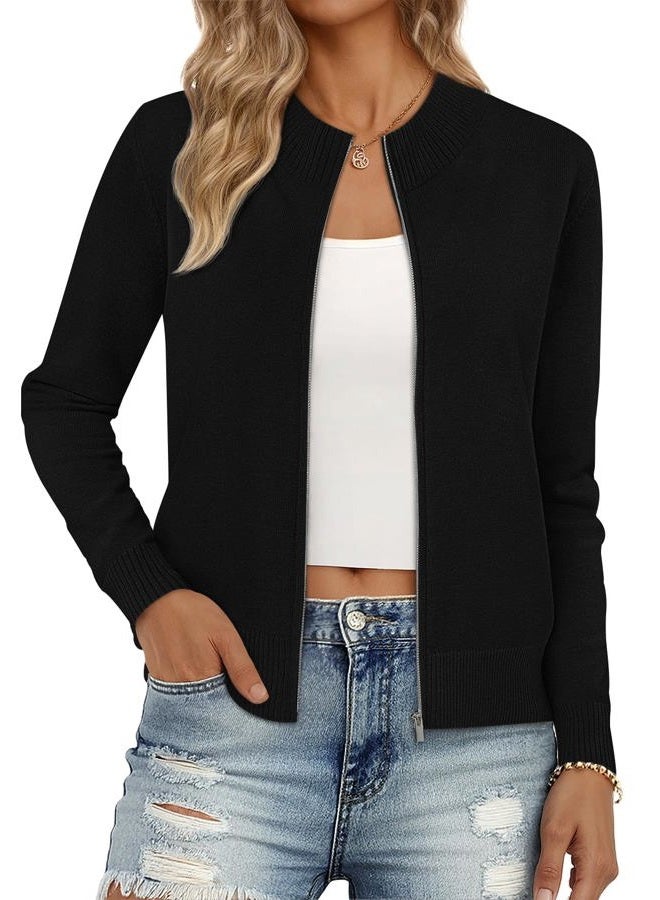 LILLUSORY Womens Zip Up Cardigan Sweaters Lightweight Crew Neck Trendy Jackets Long Sleeve Outfits Fall Fashion 2025 Clothing, Black, XL - Image 1