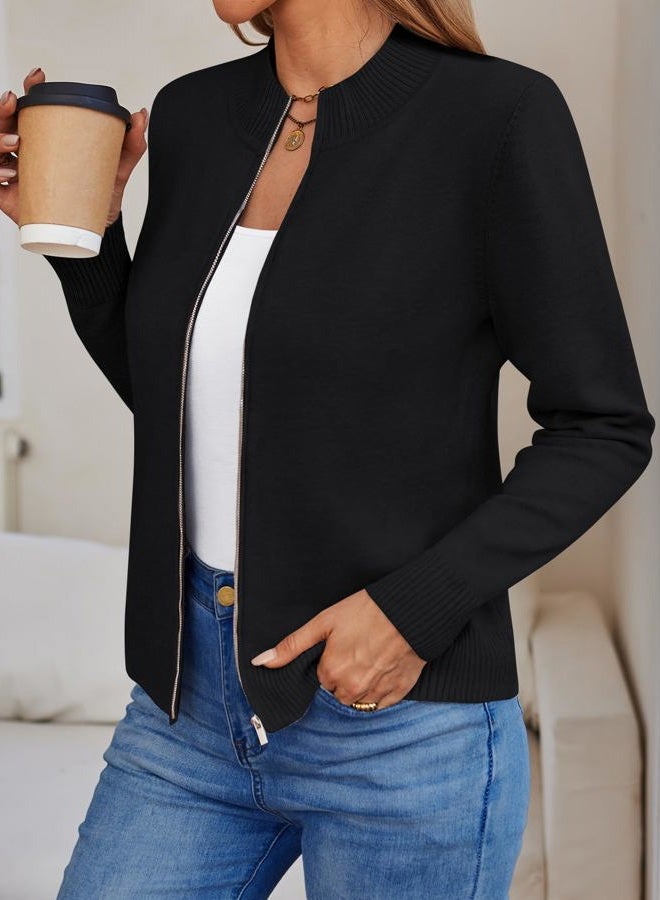 LILLUSORY Womens Zip Up Cardigan Sweaters Lightweight Crew Neck Trendy Jackets Long Sleeve Outfits Fall Fashion 2025 Clothing, Black, XL - Image 3