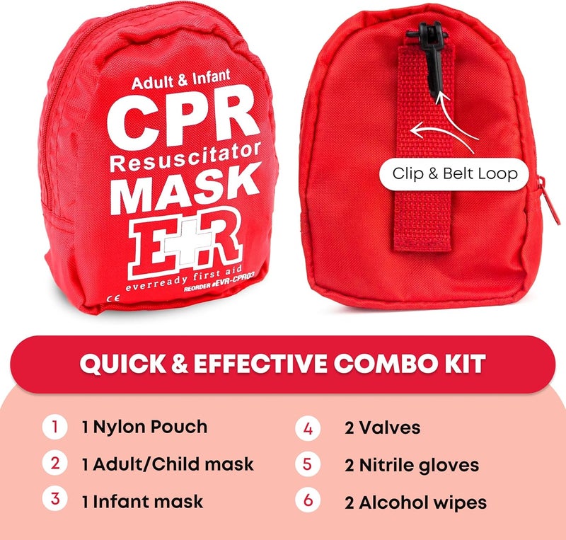 Ever Ready First Aid Adult and Infant CPR Mask Combo Kit 4Pack 8 Valves 4 Gloves 8 Alcohol Pads LatexFree Portable Pouch for First Responders - Image 3