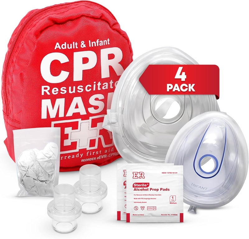 Ever Ready First Aid Adult and Infant CPR Mask Combo Kit 4Pack 8 Valves 4 Gloves 8 Alcohol Pads LatexFree Portable Pouch for First Responders - Image 1