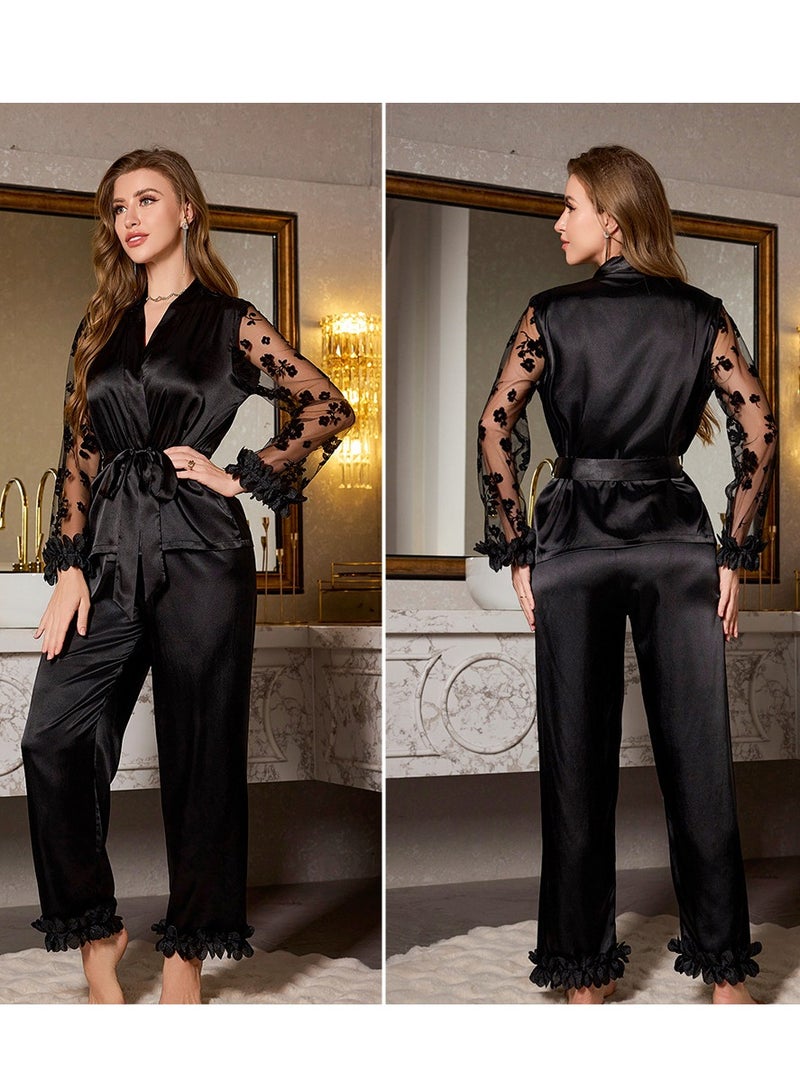 Long Sleeved Long Pants Lace Sleepwear Home Suit Set  - Image 1
