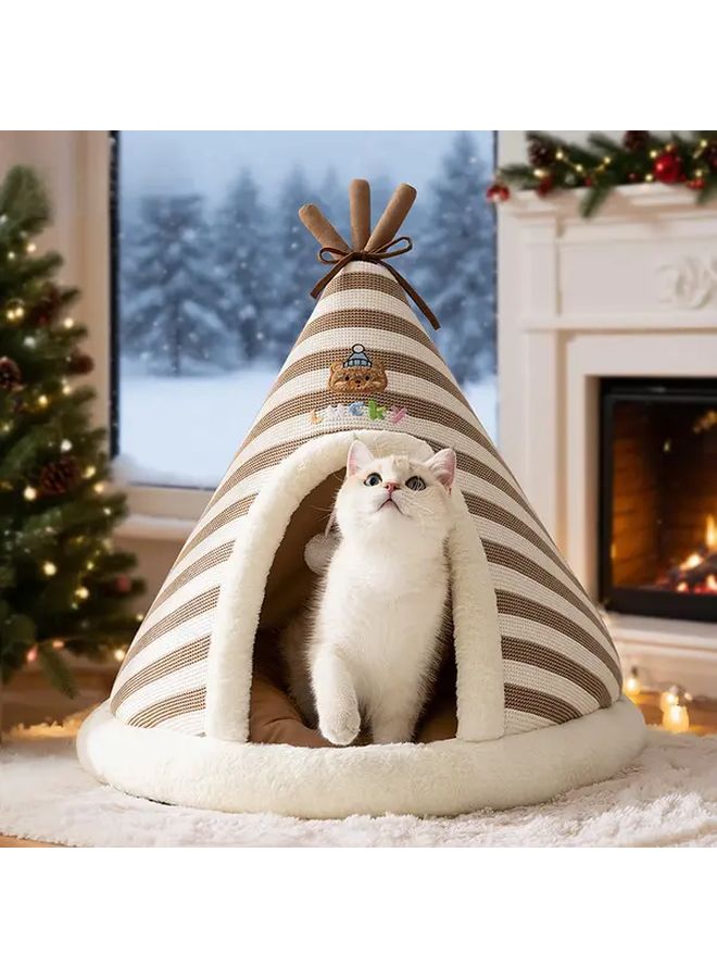 Brown XL All Season Warm Cat Bed Enclosed Tent Design Thickened Winter Fall Bed For Cats And Small Dogs - Image 4