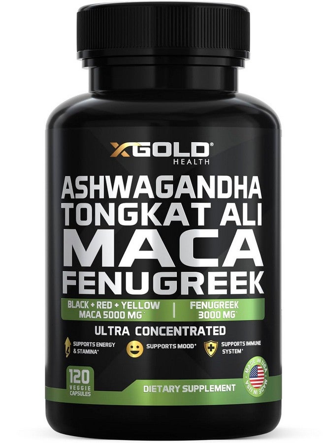 X Gold Health Ashwagandha 5000mg + Tongkat Ali 1000mg + Maca Root 5000mg + Fenugreek 3000mg Supplement | Black + Red + Yellow Maca Root Extract & Fenugreek Herbal Supplements for Men & Women - Made in USA - Image 1