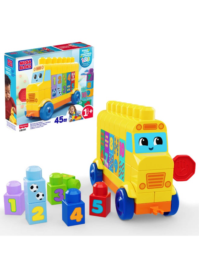 MEGA First Builders Toddler Block Toys Set, Build & Count Bus 45 Pieces, Learn Numbers and Counting, Yellow, Ages 1+ Years​ - Image 1