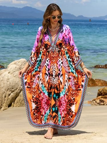 IMAGEKOPE Kaftan Dresses for Women Plus Size V-Neck Moo Moos Batwing Kaftan Beach Dress Bathing Suit Cover-Up Loungewear - Image 5